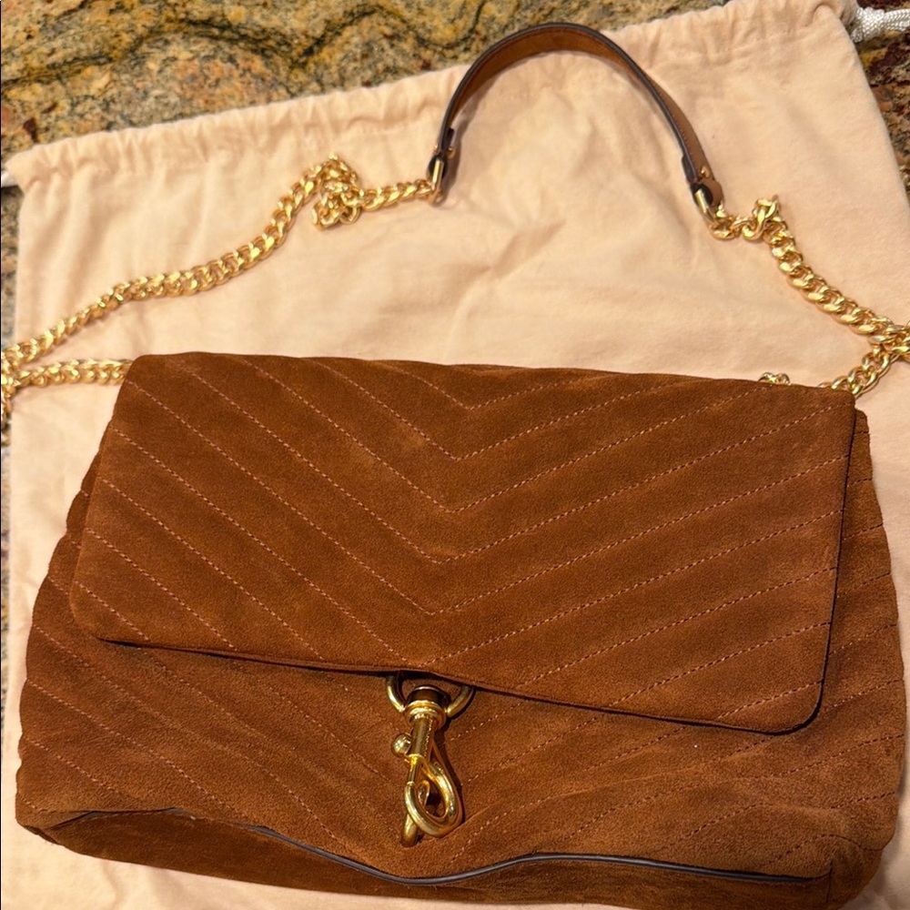 Rebecca Minkoff Brown Suede Shoulder Bag with Gold Chain
